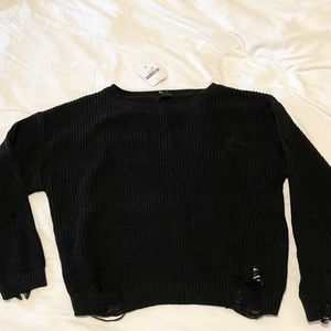 Distressed Drop-Sleeve Black Sweater Forever 21